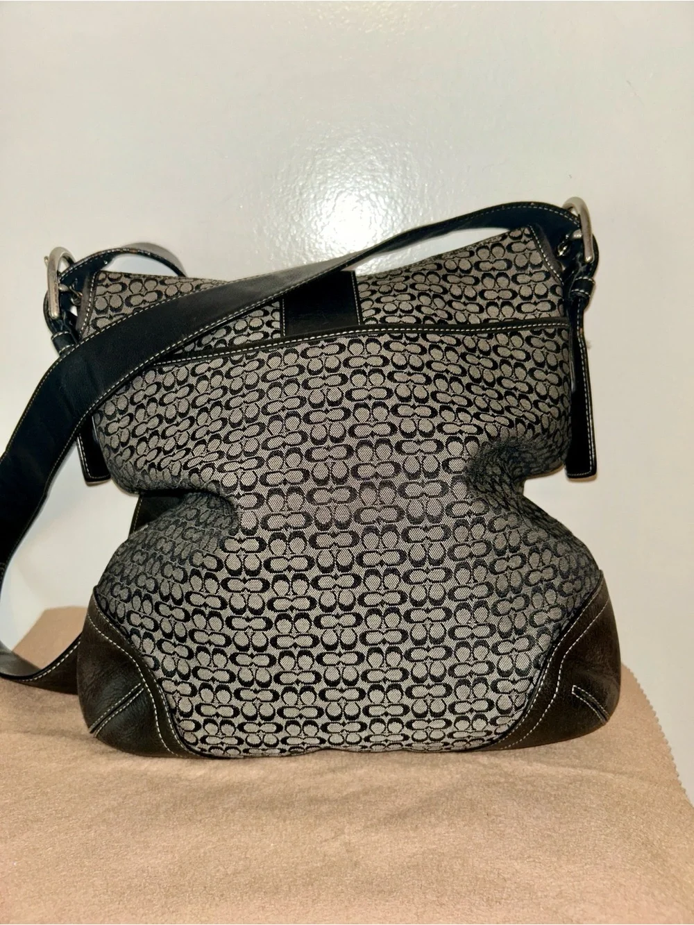 COACH Vintage Soho Signature Monogram Canvas and Leather Bag, black and gray